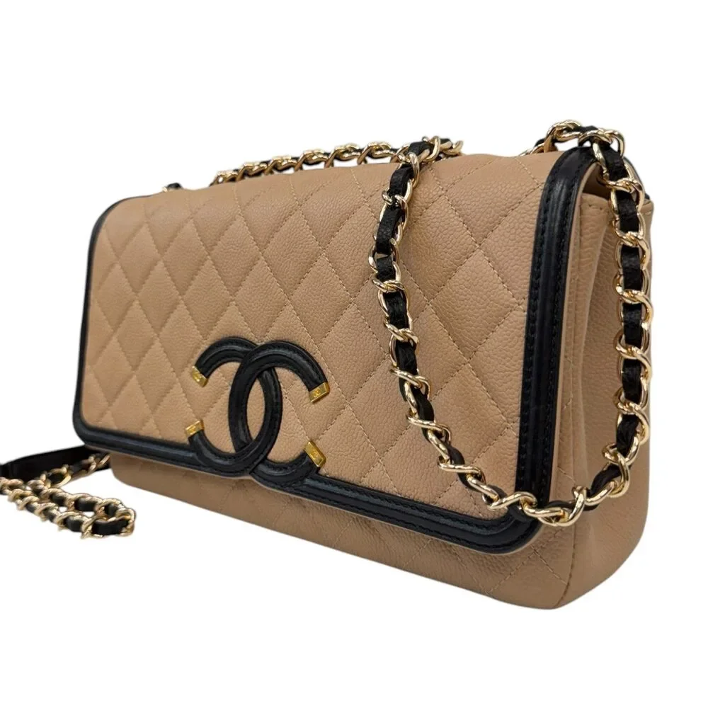 CHANEL Beige Black Caviar Medium CC Filigree Flap Bag